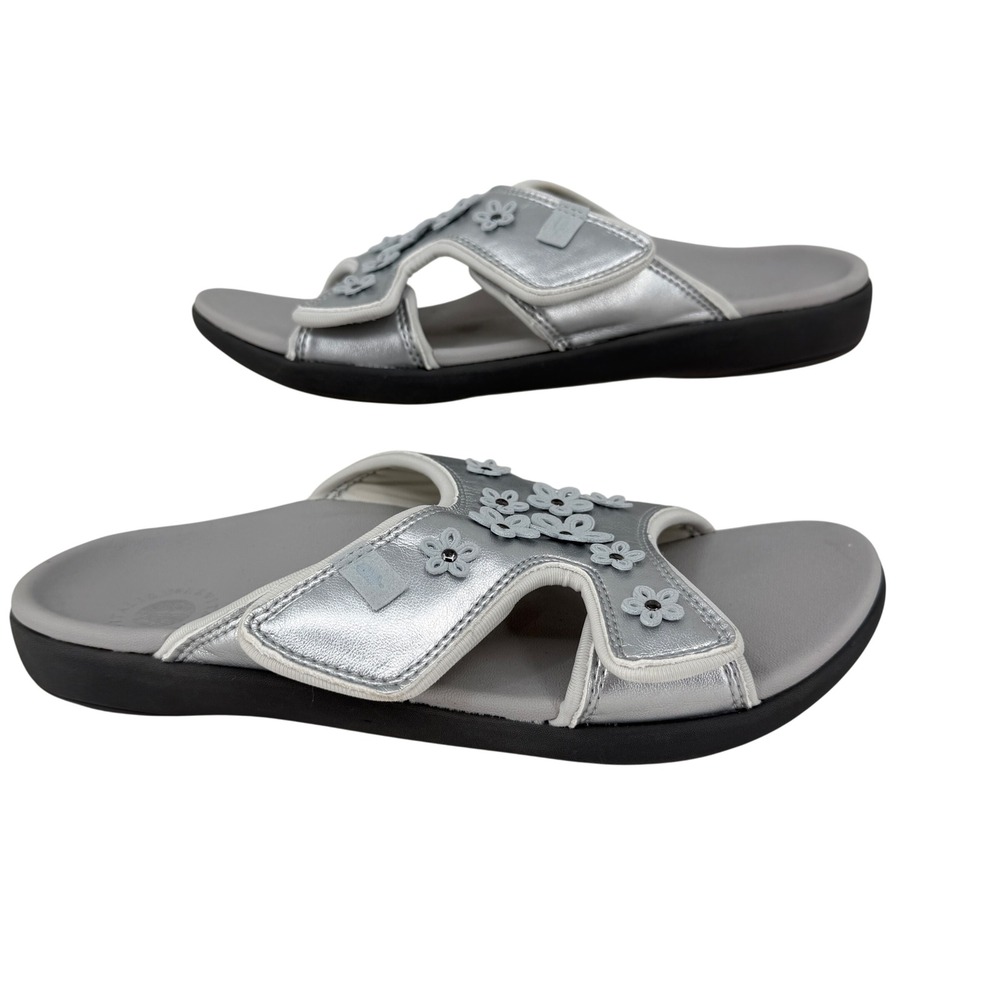 Revitalign Siesta Slide Sandals Size 9 Silver Floral Orthotic Adjustable Comfort